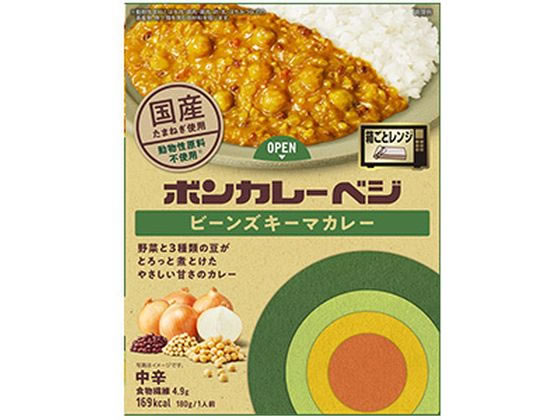 【商品説明】野菜と3種類の豆がとろっと煮とけたやさしい甘さのカレー。国産たまねぎ使用動物性原料不使用※※動物性原料とは牛肉豚肉鶏肉卵乳はちみつなどの畜産物、魚介類を含む原材料を指します。箱ごとレンジ調理。【仕様】●原材料：ソテーオニオン（たまねぎ（国産））、ひよこ豆、ココナッツクリーム、トマト・ジュースづけ（トマト、トマトジュース）、トマトペースト、大豆、りんごパルプ、カレー粉、砂糖、チャツネ、小豆、食塩、マンゴーピューレ、りんごペースト、でんぷん、おろしにんにく、おろししょうが、酵母エキス、香辛料／増粘剤（加工デンプン）、パプリカ色素、酸味料、リンゴ抽出物、（一部に大豆・バナナ・りんごを含む）●内容量：180g【備考】※メーカーの都合により、パッケージ・仕様等は予告なく変更になる場合がございます。【検索用キーワード】大塚食品　おおつかしょくひん　オオツカショクヒン　otsukafoods　大塚食品ボンカレーベジビーンズキーマ中辛180g　大塚食品　ボンカレーベジビーンズキーマ中辛180g　ぼんかれーべじびーんずきーまちゅうから　180g　180グラム　箱入り　1個　中辛　野菜カレー　やさいカレー　インスタント食品　インスタントレトルト食品　レトルト食品　電子レンジ食品　レトルトパウチ　お手軽　動物性原料不使用　箱ごとレンジ調理　箱ごと電子レンジ　レトルトカレー　れとるとかれー　インスタント・レトルト食品　レンジ食品動物性原料不使用の具たくさんカレー新登場！