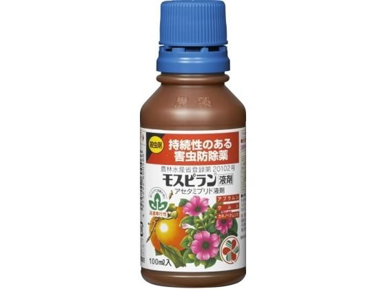 【商品説明】カキの実を落とす「カキノヘタムシガ」の防除に。浸透移行性殺虫剤【仕様】●農林水産省登録：第20102号●農薬の種類・名称：アセタミプリド液剤・モスピラン液剤●有効成分の種類と含有量：アセタミプリド【（E）−N1−［（6−クロロ−3−ピリジル）メチル］−N2−シアノ−N1−メチルアセトアミジン】：2．0％・溶媒、界面活性剤、着色剤等：98．0％●内容量：100ml【備考】※メーカーの都合により、パッケージ・仕様等は予告なく変更になる場合がございます。【検索用キーワード】すみともかがくえんげい　モスピラン液剤　100ml　モスピラン液剤　アブラムシ類、ツツジグンバイ、チャドクガ等　100ml　園芸　ガーデニング用品　殺虫剤、忌避剤、除草剤　RPUP_02　R9194C