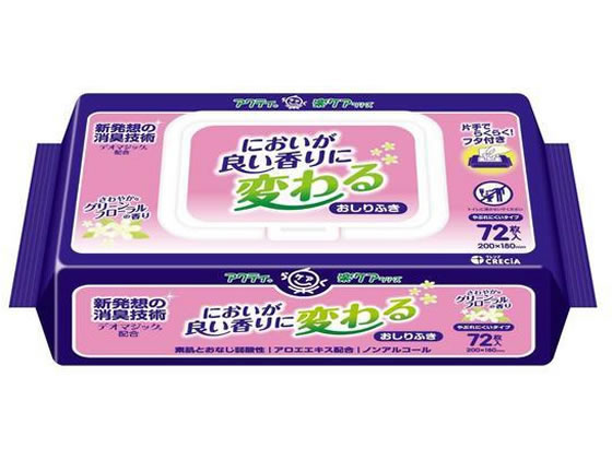 【商品説明】●気になるにおいを良い香りに変える、新発想の消臭技術「デオマジック」配合●さわやかなグリーンフローラルの香り●素肌と同じ弱酸性●片手でらくらくプラスチックフタ付き●容器不要でこのまま使用●ノンアルコール・アロエエキス配合【仕様】●シートサイズ：200mm×180mm【備考】※メーカーの都合により、パッケージ・仕様等は予告なく変更になる場合がございます。【検索用キーワード】クレシア　くれしあ　日本製紙　crecia　アクティにおいが良い香りに変わるおしりふき72枚　おしりふき　介護・介助用品　排泄ケア　R0552D新発想の消臭技術「デオマジック」配合のおしりふき