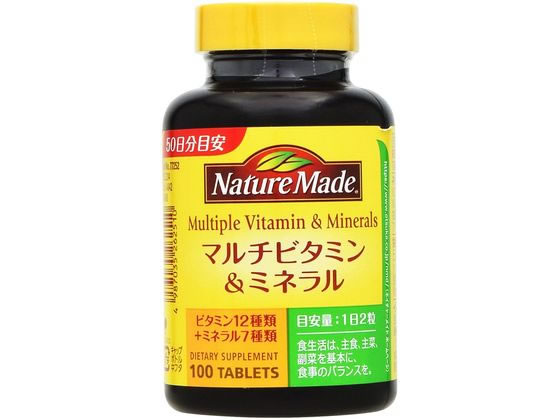 【商品説明】ビタミン12種類とミネラル7種類をバランスよく含有。偏食しがちな方や外食の多い方をはじめ、健康づくりの基本に毎日摂りたいベースサプリメントです。【仕様】●内容量：100粒栄養機能食品（亜鉛・銅・ビオチン）亜鉛は、味覚を正常に保つのに必要な栄養素です。皮膚や粘膜の健康維持を助ける栄養素です。たんぱく質・核酸の代謝に関与して、健康の維持に役立つ栄養素です。銅は、赤血球の形成を助ける栄養素です。多くの体内酵素の正常な働きと骨の形成を助ける栄養素です。ビオチンは、皮膚や粘膜の健康維持を助ける栄養素です。摂取目安量：1日2粒目安栄養素等表示基準値（18以上、基準熱量2200kcal）に占める割合は、亜鉛68％・銅67％・ビオチン100％です。摂取上の注意：本品は、多量摂取により疾病が治癒したり、より健康が増進するものではありません。亜鉛の摂り過ぎは、銅の吸収を阻害するおそれがありますので、過剰摂取にならないよう注意してください。一日の摂取目安量を守ってください。乳幼児・小児は本品の摂取を避けてください。本品は、多量摂取により疾病が治癒したり、より健康が増進するものではありません。一日の摂取目安量を守ってください。乳幼児・小児は本品の摂取を避けてください。本品は、多量摂取により疾病が治癒したり、より健康が増進するものではありません。一日の摂取目安量を守ってください。本品は、特定保健用食品とは異なり、消費者庁長官による個別審査を受けたものではありません。食生活は、主食、主菜、副菜を基本に、食事のバランスを。生産国：アメリカ商品区分：栄養機能食品メーカー：大塚製薬株式会社広告文責：フォーレスト株式会社　0120-40-4016【備考】※メーカーの都合により、パッケージ・仕様等は予告なく変更になる場合がございます。【検索用キーワード】NatureMade　プレミアムタブレット　PREMIUMTABLETS　ビタミン12種類　ミネラル7種類　50日分目安　ベース健康食品　栄養機能食品　大塚製薬　ベースサプリメント　ネイチャーメード　大塚製薬　オオツカセイヤク　OTSUKA　おおつか　ネイチャーメイド　ねいちゃーめいど　マルチビタミン＆ミネラル　まるちびたみん＆みねらる　90．9g　909mg×100粒　ネイチャーメイドマルチビタミン＆ミネラル90．9g　909mg　100粒　90．9g　909mg×100粒　栄養補助　健康食品　サプリメント　R2003Eネイチャーメイドは栄養学とサプリメントの先進国であるアメリカ生まれ。