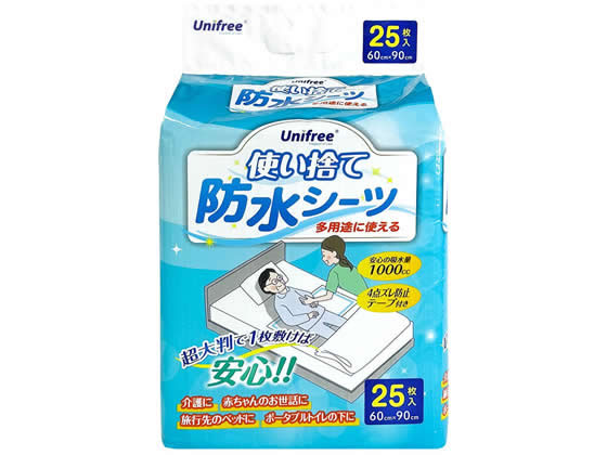 【商品説明】●1枚敷けば、万が一のモレもしっかり吸収できる防水シーツです。●安心の給水量1000cc！モレが多くても安心です。●4点ズレ防止テープ付きです。●ふとんを汚さず「すばやく吸収」するから、多目的シーツとしてお使いいただけます。●超大判で使いやすいです。【仕様】●サイズ：600×900mm●入数：25枚●材質：表面材／ポリプロピレン不織布、吸水材／綿状パルプ・高分子吸水材・吸水紙、防水材／ポリエチレンフィルム、結合材／スチレン系エラストマー合成樹脂、外装材／ポリエチレン●吸収回数：5回（約1000cc）●吸収体サイズ　約55cm×82cm●医療費控除対象品●生産国：中国※ひっかきに強く、破れにくいです。※ベッドに敷く以外にも様々なシーンで活躍します。【使用方法（シーツの敷き方）】（1）シーツを開き、吸収面を上にして長い方の辺を谷折りします。（2）体を横にし、折りたたんだ製品をベッドの片側に置きます。（3）体の向きを変え、体の下からシーツをひっぱり、ベッドに敷きます。（4）体を仰向けにし、シーツの中心に位置するように調整します。※強く引っ張りますと破れる恐れがあります。【使用上の注意】・本商品は洗濯できません。誤って洗濯してしまうと中身が他の衣類に付くことがあります。その場合は衣類を脱水しその後よくはたき落としてください。洗濯機内部はティッシュ等で拭き取りよく洗い流してください。・汚れた場合にそのままにしておくとカブレの原因になりやすいので、きれいに拭き取ってください。・高温の場所に置くとパッケージが溶けて他のものに張り付く恐れがあります。暖房器具などの近くには置かないでください。・電器あんか等をご使用になりますと、高温になり表面材が溶ける危険性がありますのでご使用にならないでください。・トイレにシーツを捨てないでください。【使用後の処理】・使用済みのシーツに付着した大便などの異物は必ず取り除いてから始末してください。・汚れた部分を内側にして丸め、衛生的に処理してください。・シーツをトイレに捨てないでください。・処理方法はお住まいの地域のルールに従ってください。・外出時に使用したシーツは必ず持ち帰りましょう。【備考】※メーカーの都合により、パッケージ・仕様等は予告なく変更になる場合がございます。【検索用キーワード】ユニフリー　ゆにふりー　unifree　介護防水シーツ粘着テープ付き25枚入　介護防水シーツ　粘着テープ付き　25枚　介護　防水シーツ　防水　シーツ　粘着テープ付き　テープ付き　介護シーツ　介護用品　60cm×90cm　60センチ×90センチ　60×90　白　ホワイト　病室　居室備品　ベッド　R9317P超大判で、1枚敷けば安心！