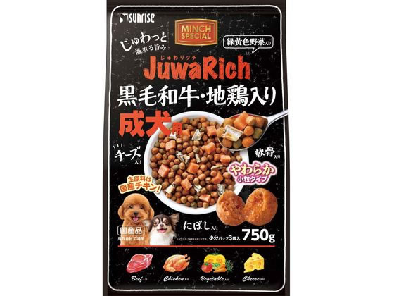 【商品説明】国産チキンを主原料に使用し、独自製法でじゅわっと溢れる旨みのやわらか小粒に仕上げ、圧倒的な美味しさを実現したフードです。国産ブランドの黒毛和牛を配合し、緑黄色野菜で食のバランスを整え、軟骨とにぼしをトッピングした彩り豊かなフードです。【仕様】●注文単位：1個（小分け3パック）【備考】※メーカーの都合により、パッケージ・仕様等は予告なく変更になる場合がございます。【検索用キーワード】まるかん　さんらいず　じゅわリッチ　黒毛和牛・地鶏入り　750g　JR黒毛和牛・地鶏入り　750g　総合栄養食　小分けパック　g　グラム　ドッグフード　ペット　犬　ドッグ　ドライフード犬　じゅわリッチ黒毛和牛地鶏入り　じゅわリッチ　黒毛和牛・地鶏入り　ジュワリッチ　じゅわりっち　SJR−012　SJR012　国産チキン　小粒　緑黄色野菜　軟骨　にぼし　1個　R3038Eじゅわっと溢れる旨み！