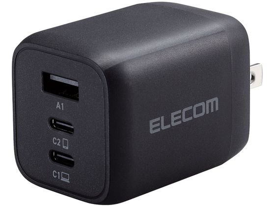 【商品説明】USB　Type−C（TM）ポートとUSB−Aポートの合計3ポートを搭載し対応するスマートフォン、タブレット、ノートパソコンなどを充電できる、GaN（窒化ガリウム）を採用し小型で軽量なUSB　AC充電器です。※USB　Power　Delivery規格65Wまでで充電できる機器に限ります。出力端子が3ポートあるので、3台同時充電できます。※2ポート以上同時出力時は合計最大65Wとなります。【仕様】●対応機種：各USB　Type−C（TM）（USB−C（TM））ポートからUSB　Power　Delivery　（65W）及びオプション規格であるPPS（Programmable　Power　Supply）、またはUSB−Aポートから12Wの規格内で充電が可能な機器。2ポート以上同時接続時、合計最大65Wまでの出力で充電、給電可能な機器とその組み合わせ。●コネクタ形状：USB　Type−C（TM）（USB−C（TM））ポート×2、USB−Aポート×1●定格入力電圧：AC100〜240V、50／60Hz●定格入力電流：2A●外形寸法：幅約52mm×厚み約38mm×高さ約40．5mm【備考】※メーカーの都合により、パッケージ・仕様等は予告なく変更になる場合がございます。【検索用キーワード】エレコム　えれこむ　ELECOM　USBPowerDelivery65WAC充電器（C×2＋A×1）黒　USB　PowerDelivery　65W　AC充電器　C×2　A×1　充電器　キューブ　黒　3ポート　コンパクト　軽量　持ち運び　ポータブル　高速　急速　Type−C　タイプC　USB−C　R391GAUSB　Type−C2ポートとUSB−Aポートの合計3ポートで3台同時充電ができるUSB　AC充電器。