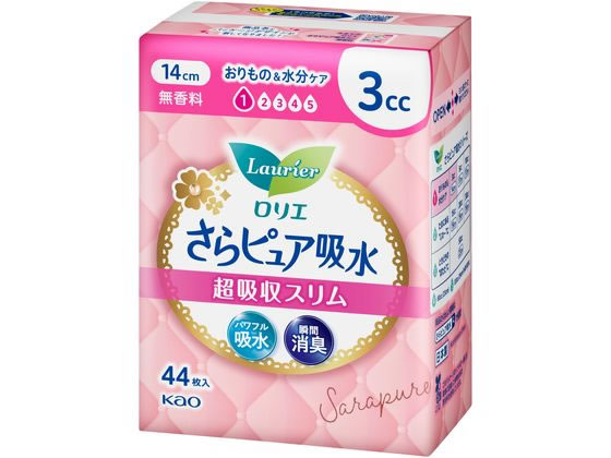 【商品説明】「女性のおまもり」さらピュア吸水から、しっかり吸収＆1．9mmの超吸収スリム。パワフル吸水で水分をしっかり吸引！すぐにさらさらずっとさらさら。瞬間消臭。ムレにくい全面通気性シート。快適＆安心きちんと設計。【仕様】●おりもの＆水分ケア●吸水ライナー●長さ：14cm●尿吸収量：3cc●無香料●表面材：ポリオレフィン・ポリエステル系不織布●日本製●注文単位：1パック（44枚）【備考】※メーカーの都合により、パッケージ・仕様等は予告なく変更になる場合がございます。【検索用キーワード】KAO　花王　かおう　カオウ　ロリエ　ろりえ　Laurier　サラピュア　さらぴゅあ　尿取りパッド　尿漏れパッド　3cc　1パック　44枚　女性用　トイレ　軽失禁　におい　消臭　安心　無香料　R771GBさらピュア吸水から、しっかり吸収！超吸収スリム