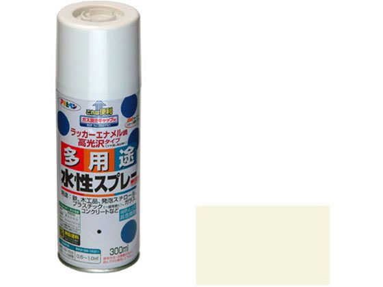 【商品説明】●タレにくく、きれいに仕上がります。●油性塗料や、発泡スチロールに塗っても下地を侵さず、いろいろな素材に使用できます。●乾燥前には水ぶきで落とせて、いったん乾くと日光や雨に強い。●鉛・クロム化合物を使用していない安全な塗料です。【仕様】●容量：300ml●カラー：アイボリー●【用途】適した場所：屋内外区分　屋内外用。発泡スチロール、プラスチック（アクリル、硬質塩ビ、ABS、スチロール）、鉄、木、ブロック、コンクリート、紙、ガラスの他、ホビー、クラフト、デザインなどに。●重量：350g●標準塗り回数：2回塗り●光沢：ツヤあり●塗膜の仕上がり：不透明（下地を隠す）●塗料タイプ：水溶性アクリル樹脂塗料●乾燥時間：夏期　40〜50分／冬期　1〜2時間●塗り重ね時間の目安：1回で仕上げずに乾燥させてから2回目を塗装してください。●塗り面積：0．6〜1m2　（タタミ　0．4〜0．6枚分）【備考】※メーカーの都合により、パッケージ・仕様等は予告なく変更になる場合がございます。【検索用キーワード】アサヒペン　あさひぺん　水性多用途スプレー　スプレー　300ml　アイボリー　DIY　梱包＆作業　土木　建築資材　塗装　内装用品　塗料　R989GDいろいろな物に塗れる。