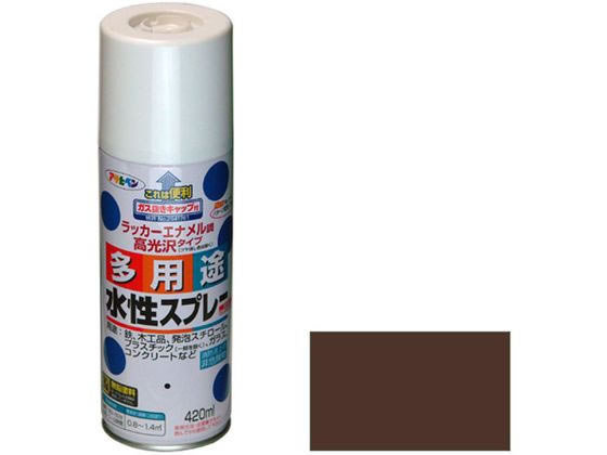 【商品説明】●タレにくく、きれいに仕上がる。●油性塗料や、発泡スチロールに塗っても下地を侵さず、色々な素材に使用可。●乾燥前には水ぶきで落とせて、いったん乾くと日光や雨に強い。●消防法上の非危険物。●鉛・クロム化合物を使用していない安全な塗料。【仕様】●容量：420ml●カラー：ブラウン●【用途】適した場所：屋内外区分　屋内外用。発泡スチロール、プラスチック（アクリル、硬質塩ビ、ABS、スチロール）、鉄、木、ブロック、コンクリート、紙、ガラスの他、ホビー、クラフト、デザイン等に。●重量：600g●標準塗り回数：2回塗り●光沢：ツヤあり●塗膜の仕上がり：不透明（下地を隠す）●塗料タイプ：水溶性アクリル樹脂塗料●乾燥時間：夏期　40〜50分／冬期　1〜2時間●塗り重ね時間の目安：1回で仕上げずに乾燥させてから2回目を塗装してください。●塗り面積：0．8〜1．4m2　（タタミ　0．5〜0．9枚分）【備考】※メーカーの都合により、パッケージ・仕様等は予告なく変更になる場合がございます。【検索用キーワード】アサヒペン　あさひぺん　水性多用途スプレー　スプレー　420ml　ブラウン　DIY　梱包＆作業　土木　建築資材　塗装　内装用品　塗料　R163GEいろいろな物に塗れる。