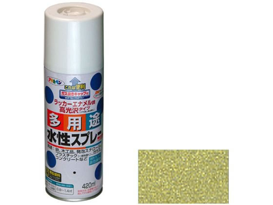 【商品説明】●タレにくく、きれいに仕上がる。●油性塗料や、発泡スチロールに塗っても下地を侵さず、色々な素材に使用可。●乾燥前には水ぶきで落とせて、いったん乾くと日光や雨に強い。●消防法上の非危険物。●鉛・クロム化合物を使用していない安全な塗料。【仕様】●容量：420ml●カラー：ゴールド●【用途】適した場所：屋内外区分　屋内外用。発泡スチロール、プラスチック（アクリル、硬質塩ビ、ABS、スチロール）、鉄、木、ブロック、コンクリート、紙、ガラスの他、ホビー、クラフト、デザイン等に。●重量：600g●標準塗り回数：2回塗り●光沢：ツヤあり●塗膜の仕上がり：不透明（下地を隠す）●塗料タイプ：水溶性アクリル樹脂塗料●乾燥時間：夏期　40〜50分／冬期　1〜2時間●塗り重ね時間の目安：1回で仕上げずに乾燥させてから2回目を塗装してください。●塗り面積：0．8〜1．4m2　（タタミ　0．5〜0．9枚分）【備考】※メーカーの都合により、パッケージ・仕様等は予告なく変更になる場合がございます。【検索用キーワード】アサヒペン　あさひぺん　水性多用途スプレー　スプレー　420ml　ゴールド　DIY　梱包＆作業　土木　建築資材　塗装　内装用品　塗料　R175GEいろいろな物に塗れる。