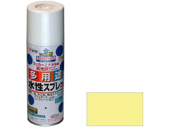 【商品説明】●タレにくく、きれいに仕上がる。●油性塗料や、発泡スチロールに塗っても下地を侵さず、色々な素材に使用可。●乾燥前には水ぶきで落とせて、いったん乾くと日光や雨に強い。●消防法上の非危険物。●鉛・クロム化合物を使用していない安全な塗料。【仕様】●容量：420ml●カラー：カントリークリーム●【用途】適した場所：屋内外区分　屋内外用。発泡スチロール、プラスチック（アクリル、硬質塩ビ、ABS、スチロール）、鉄、木、ブロック、コンクリート、紙、ガラスの他、ホビー、クラフト、デザイン等に。●重量：600g●標準塗り回数：2回塗り●光沢：ツヤあり●塗膜の仕上がり：不透明（下地を隠す）●塗料タイプ：水溶性アクリル樹脂塗料●乾燥時間：夏期　40〜50分／冬期　1〜2時間●塗り重ね時間の目安：1回で仕上げずに乾燥させてから2回目を塗装してください。●塗り面積：0．8〜1．4m2　（タタミ　0．5〜0．9枚分）【備考】※メーカーの都合により、パッケージ・仕様等は予告なく変更になる場合がございます。【検索用キーワード】アサヒペン　あさひぺん　水性多用途スプレー　スプレー　420ml　カントリークリーム　DIY　梱包＆作業　土木　建築資材　塗装　内装用品　塗料　R179GEいろいろな物に塗れる。