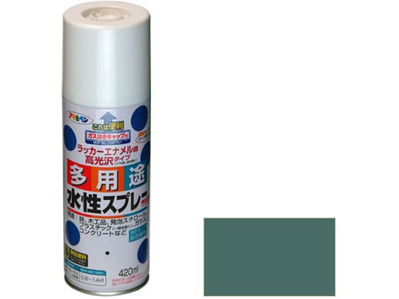 【商品説明】●タレにくく、きれいに仕上がる。●油性塗料や、発泡スチロールに塗っても下地を侵さず、色々な素材に使用可。●乾燥前には水ぶきで落とせて、いったん乾くと日光や雨に強い。●消防法上の非危険物。●鉛・クロム化合物を使用していない安全な塗料。【仕様】●容量：420ml●カラー：オールドグリーン●【用途】適した場所：屋内外区分　屋内外用。発泡スチロール、プラスチック（アクリル、硬質塩ビ、ABS、スチロール）、鉄、木、ブロック、コンクリート、紙、ガラスの他、ホビー、クラフト、デザイン等に。●重量：600g●標準塗り回数：2回塗り●光沢：ツヤあり●塗膜の仕上がり：不透明（下地を隠す）●塗料タイプ：水溶性アクリル樹脂塗料●乾燥時間：夏期　40〜50分／冬期　1〜2時間●塗り重ね時間の目安：1回で仕上げずに乾燥させてから2回目を塗装してください。●塗り面積：0．8〜1．4m2　（タタミ　0．5〜0．9枚分）【備考】※メーカーの都合により、パッケージ・仕様等は予告なく変更になる場合がございます。【検索用キーワード】アサヒペン　あさひぺん　水性多用途スプレー　スプレー　420ml　オールドグリーン　緑　ミドリ　DIY　梱包＆作業　土木　建築資材　塗装　内装用品　塗料　R182GEいろいろな物に塗れる。