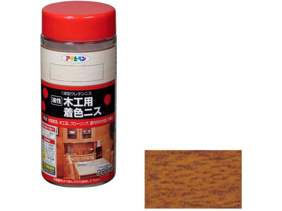 【商品説明】●着色と美しいツヤだしが同時にでき、木目を生かした美しいツヤに仕上がります。●摩擦、衝撃に強く、耐久性に優れているので、木製家具、木工品、廊下、建物木部のニス仕上げに最適です。●【用途】適した場所：屋内外区分　屋内外用。木製家具、木工品、フローリング、屋内外の木部、木製品。【仕様】●内容量：300mL●カラー：ゴールデンオーク●重量：600g●標準塗り回数：2回塗り●光沢：ツヤあり●塗膜の仕上がり：半透明●塗料タイプ：1液型ウレタン樹脂塗料●乾燥時間：夏期　1〜2時間／冬期　3〜6時間●塗り重ね時間の目安：夏期　1日以上／冬期　2日以上●塗り面積：1．8〜3．2m2　（タタミ1．1〜1．9枚分）【備考】※メーカーの都合により、パッケージ・仕様等は予告なく変更になる場合がございます。【検索用キーワード】アサヒペン　木工用着色ニス　300ml　ゴールデンオーク　木工用　着色ニス　ニス　DIY　梱包＆作業　建築資材　塗装　塗料　R908GG着色とニス塗りが同時にできるウレタンニス。