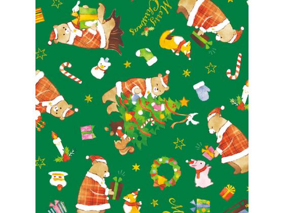 【レビュー投稿で100円OFFクーポン】【お取り寄せ】ササガワ 包装紙10枚ロール 森のくまサンタ緑 半才判 49-3677 包装紙 包装 ラッピング