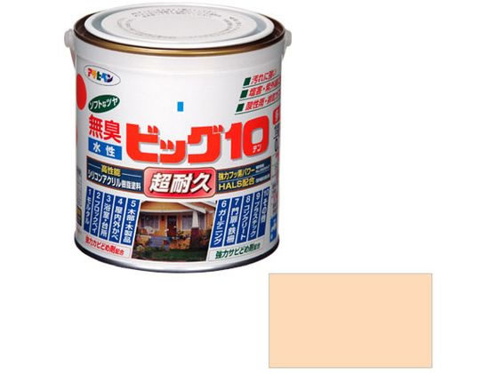 【商品説明】●特殊フッ素樹脂、反応硬化型シリコン変性アクリル樹脂、紫外線劣化防止剤（HALS）の相乗効果により、汚れにくく、耐久性が格段にすぐれた高性能塗料です。●白系塗料には自動車用塗料にも使用されている高性能二酸化チタンを使用しています。●いやな臭いのしない無臭タイプで、1回塗りで仕上がります。●サビドメ剤、防カビ剤を配合していますので、サビやカビの発生を防ぎます。【仕様】●内容量：0．7L●カラー：206ニースピーチ●重量：1000g●標準塗り回数：1回塗り●光沢：半ツヤ●塗膜の仕上がり：不透明（下地を隠す）●塗料タイプ：フッ素樹脂配合水性シリコンアクリルエマルション樹脂塗料●乾燥時間：夏期　30〜60分／冬期　2〜3時間●塗り面積：5．0〜6．6m2（タタミ3〜4枚分）【備考】※メーカーの都合により、パッケージ・仕様等は予告なく変更になる場合がございます。【検索用キーワード】アサヒペン　あさひぺん　水性ビッグ10多用途　0．7L　206　ニースピーチ　水性　水性塗料　水性シリコンアクリル　シリコンアクリル　超耐久　ビッグテン　1個　多用途　DIY　ペンキ　建築　補修　作業　作業用品　金物　塗装内装　塗料　塗装　R916GLいろいろなところに塗れる万能型塗料。