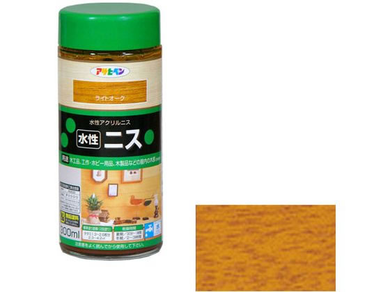 【商品説明】●着色とニス塗りが同時にでき、木目を生かした美しいツヤに仕上がります。　●水性塗料なので塗りやすく、用具の後始末も水でできます。●【用途】適した場所：屋内外区分　屋内用。●木工品、工作・ホビー用品、木製品などの屋内の木部。（床を除く）【仕様】●内容量：300mL●カラー：ライトオーク●重量：600g●標準塗り回数：2回塗り●光沢：ツヤあり●塗膜の仕上がり：半透明●塗料タイプ：水性アクリルエマルション樹脂塗料●乾燥時間：夏期　30〜60分／冬期　2〜3時間●塗り重ね時間の目安：夏期　2時間以上／冬期　6時間以上●塗り面積：2．3〜4．2m2（タタミ1．3〜2．6枚分）【備考】※メーカーの都合により、パッケージ・仕様等は予告なく変更になる場合がございます。【検索用キーワード】アサヒペン　あさひぺん　水性ニス　300ml　ライトオーク　水性　水性塗料　水性アクリルニス　ニス　1個　DIY　ペンキ　建築　補修　作業　作業用品　金物　塗装内装　塗料　塗装　R923GL木目を生かした美しい仕上がり。