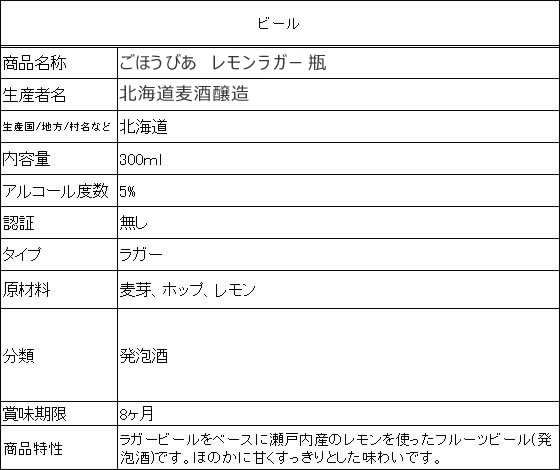 北海道麦酒 ごほうびあ レモンラガー 300ml瓶