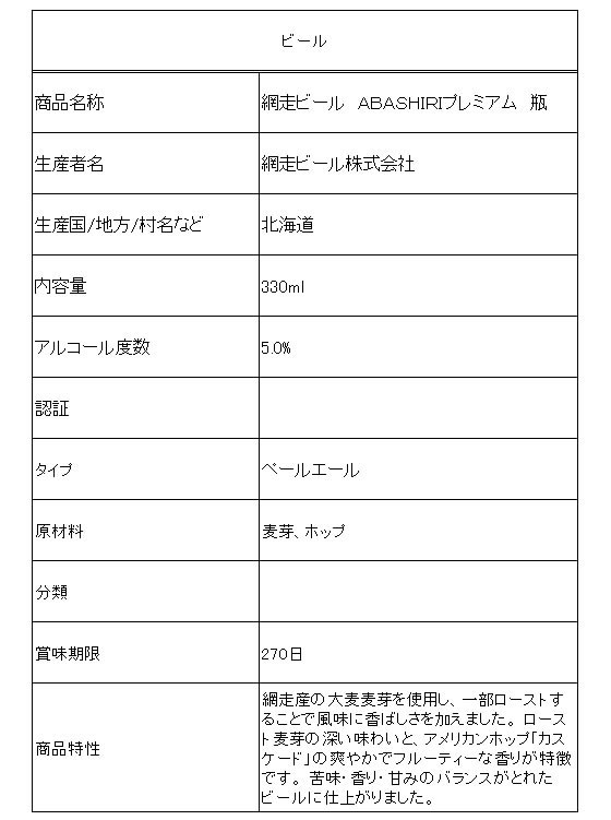 北海道 網走ビール ABASHIRIプレミアム 瓶 330ml