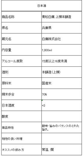 【お取り寄せ】白鷹 青松白鷹 上撰本醸造 1800ml