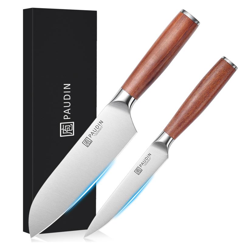 包丁セット PAUDIN 【三徳包丁・ペティナイフ】2本セット 天然木ハンドル 両刃包丁 5Cr15Mov ステンレ..
