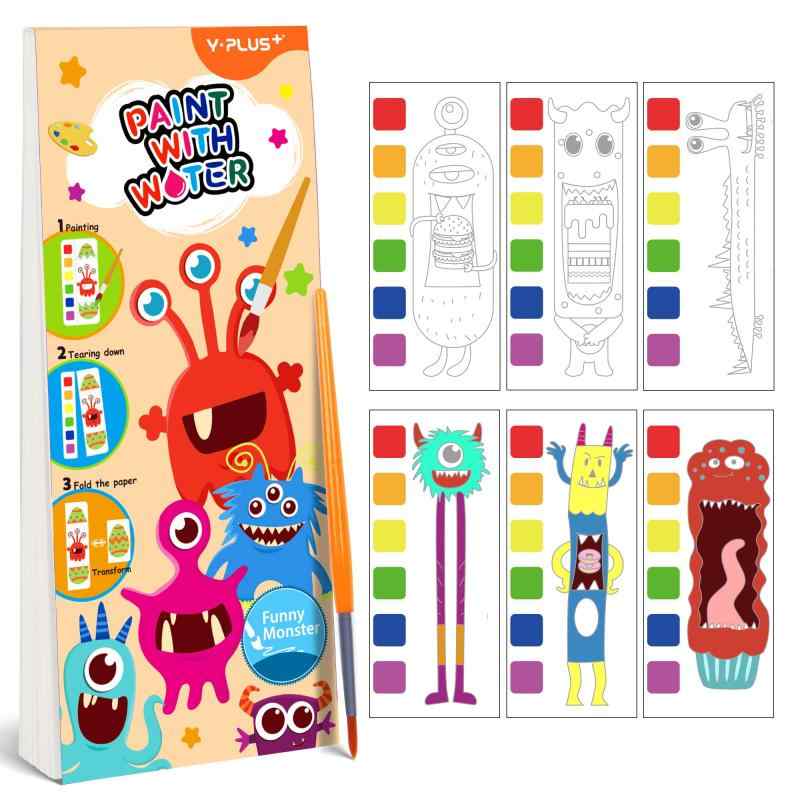 YPLUS ミニ水塗り絵 子供向け 3歳以上のぬりえ 水ぬりえ キッズ 画材セット 筆付き 子ども プレゼント - モンスターキュートな4つのテーマ：プリンセス・ドレスアップ、動物、ユニコーン、かわいいモンスターのユニークな水塗り絵4種入り3歳以上の子供たちの想像力を刺激するのに最適オールインワンの子供用水塗り絵：各セットには水彩パレット、付属の再利用可能なブラシ、使いやすいページ付き。ブラシを水に浸して絵の具を濡らし、色を塗るだけでOKちぎって遊べるページ：塗り終わった後は、ミシン目で簡単に絵を切り離せます。各テーマにはそれぞれ異なる遊び方が用意されており、簡易カメラ、プリンセスのドレスアップ、紙片の伸縮変形が含まれています。多様な楽しみを提供しますメスフリーで子供でも安心：絵の具も散らかる心配も不要。この水ぬりえは非毒性で安全、家庭でも外出先でも手軽に楽しめます想像力と学びを促進：手先の器用さ、色の認識、想像力を育みながら、子供たちを何時間も楽しませます。誕生日やホリデーのプレゼントに最適