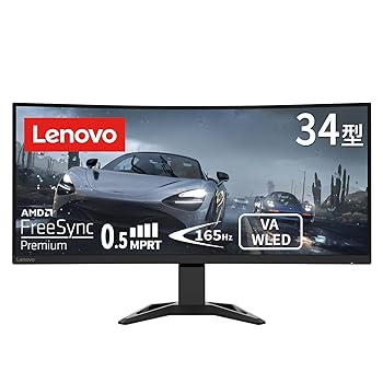 【中古】Lenovo ゲーミング モニター G34w-30 (34インチ VA WLED液晶 UWQHD 湾曲ディスプレイ 1500R 0.5ms MPRT 165Hz 非光沢 高さ調整 チルト対応 VESA