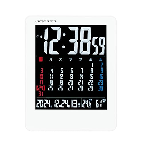 (未使用品)ADESSO(アデッソ) 置き時計 電波 デジタル カラーカレンダー 電波時計 温度 湿度 曜日 日付表示 置き掛け兼用 ホワイト NA-945
