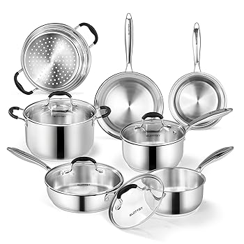 SLOTTET ステンレススチール キッチン調理器具セット 鍋とフライパン11点セット スチーマー付き 耐熱ハンドル 非毒性 IH対応 オーブン 食器洗い