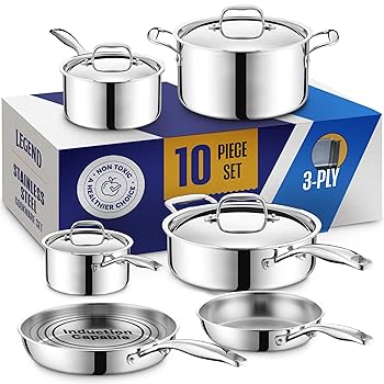 (未使用品)LEGEND COOKWARE (レジェンド) COOKWARE 3層ステンレススチール鍋とフライパンセット | 10ピース IH、非毒性、オーブン対応 | 最高の18／8フルク