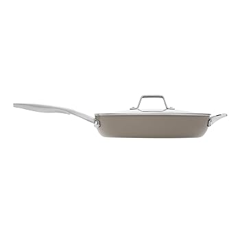 (非常に良い)Calphalon? プレミア セラミック ノンスティック 12インチ フライパン 蓋付き マッシュルーム グレー