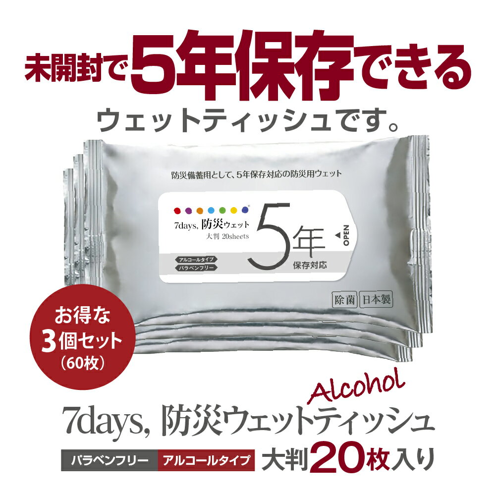 5年保存対応 ウェットティッシュ 大判 20枚×3個セット (3個) 送料無料 7days 防災のサムネイル