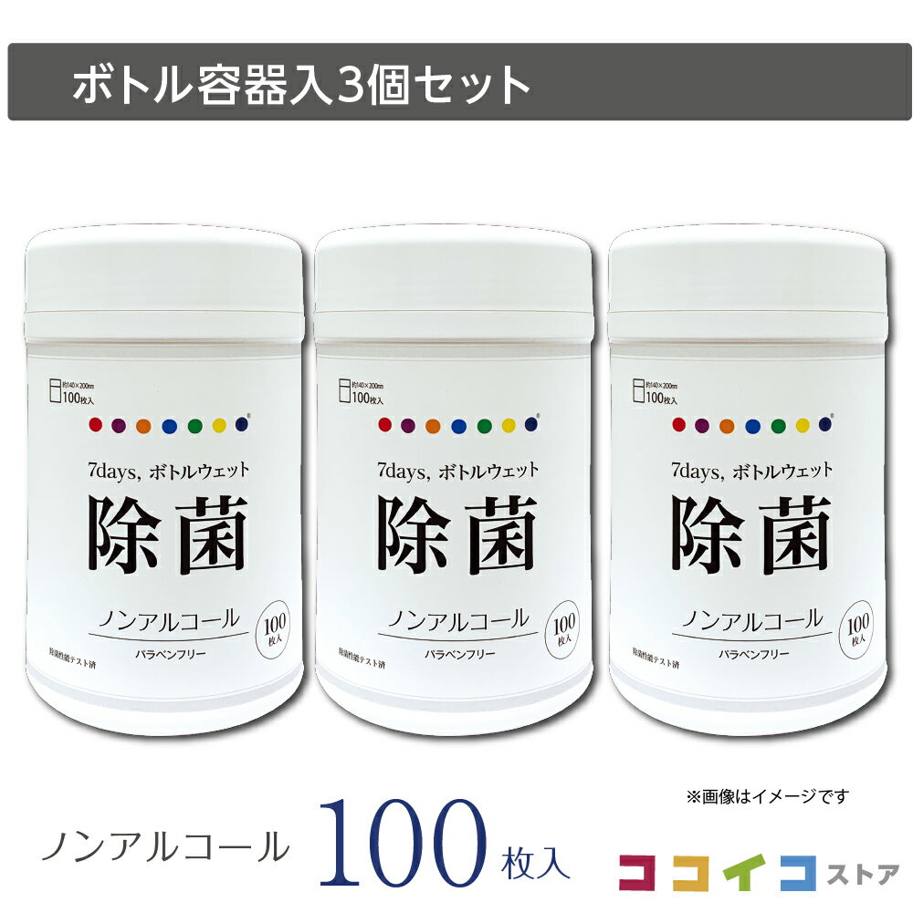 「7days,ウェットシリーズ」に、テーブルや 身のまわりのお掃除に便利なボトルタイプが登場。 商品コード：NZW4409_3 商品名：7days ボトルウェット除菌ノンアルコール配合100枚 本体3個セット 商品サイズ：H177×φ107（mm） 原紙サイズ： 140×200（mm） 材質（成分）：水、プロピレングリコール、 塩化ベンザルコニウム、グレープフルーツ種子エキス 生産国：日本 ※お使いのモニターの発色具合によって、 実際のものと色が異なる場合がございます。お得なセットもご用意しています（クリックで商品ページへ） ノンアルコール 60枚入 ノンアルコール 100枚入