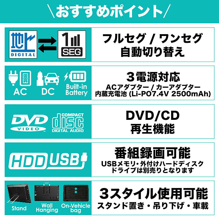 ポータブルテレビ 14インチ DVDプレーヤー搭載 地デジ録画機能 3スタイル使用 3電...