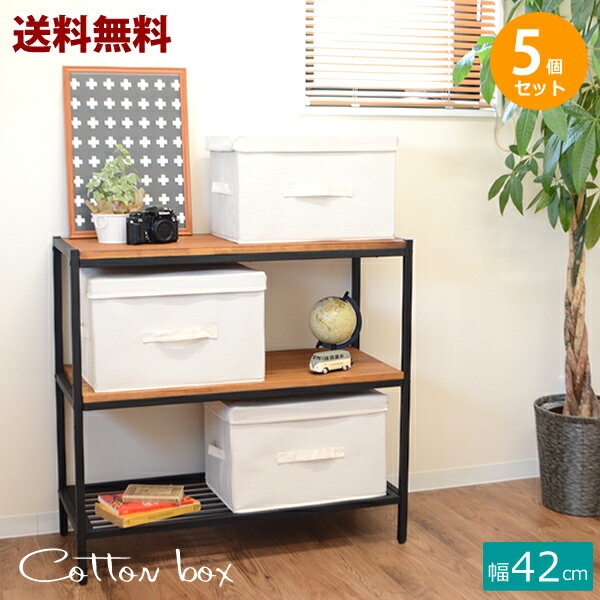 【送料無料】コットン収納ボックス　42　5個セット　綿収納ボックス　ナチュラル　BOX　約42×30×26.5cm　収納ケース　収納ボックス　フタ付き　押入れ収納　収納ボックス　衣類収納　衣替え　整理整頓　収納