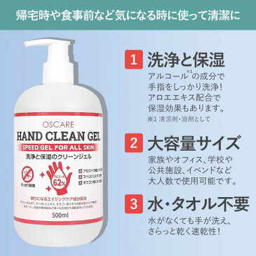 【在庫あり】大容量ハンドジェル　ハンドクリーンジェル　500ml　アルコール62%高濃度　エタノール　新型対策と予防に！　手にすりこむだけ　洗い流し不要　ハンドジェル　アルコール消毒　アルコールジェル　消毒用　除菌ジェル 手指 除菌 洗浄 速乾 ポンプタイプ　在庫あり