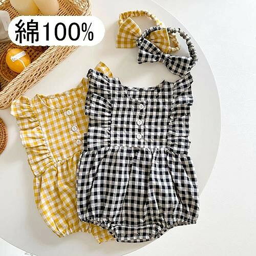Baby girl's sleeveless romper/coverall with checkered pattern, 100% cotton, perfect for spring and summer, ages 0-2.