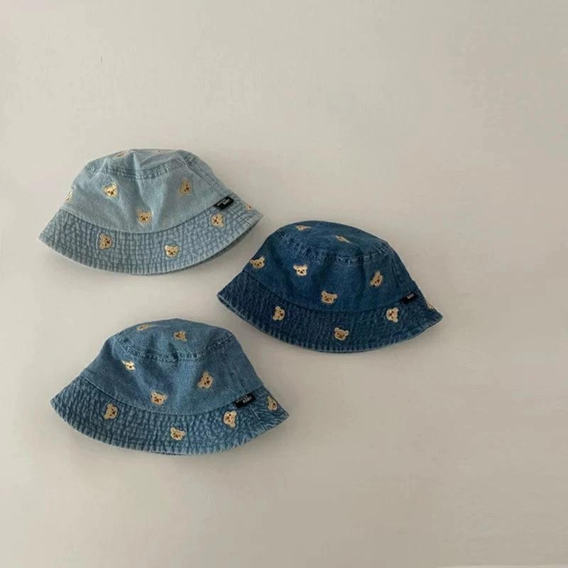 ベビー キャップ バケットハット デニム 刺繍 熊 UVカット 帽子