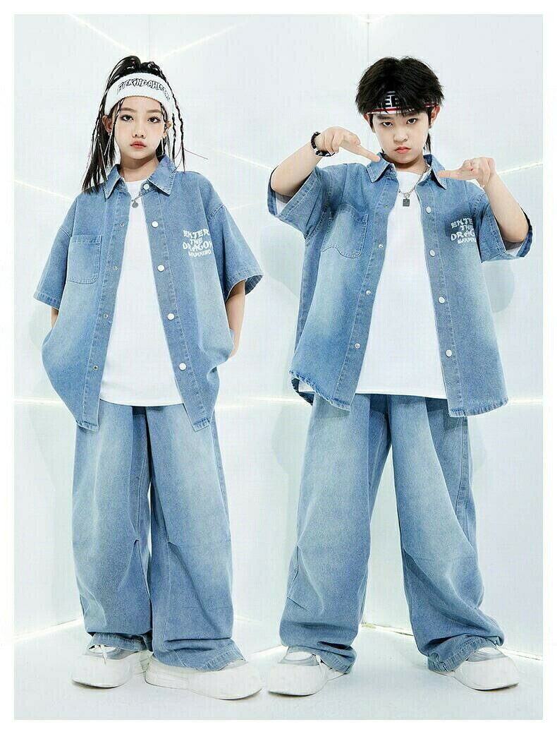 ダンス衣装 セットアップ デニムシャツ デニムパンツ ヒップホップ 半袖 ブルー ゆ...