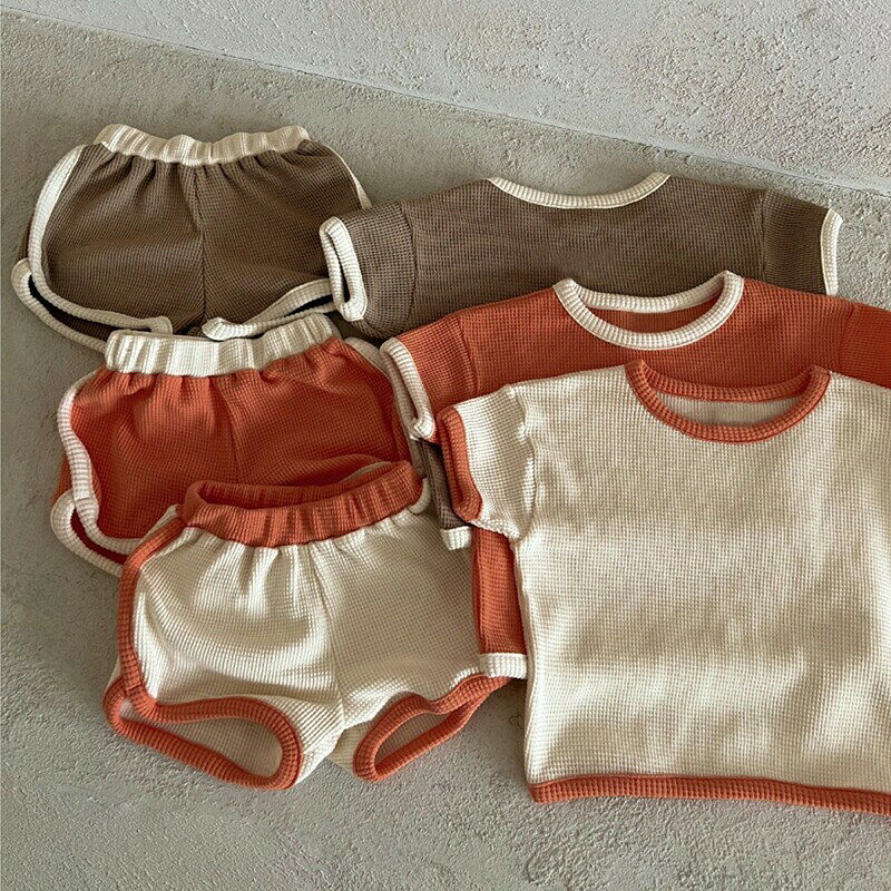 ベビー服上下セット ベビー夏服 半袖シャツ ショーツ ワッフル仕様 コントラストカ...