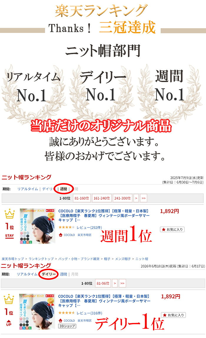 COCOLO【楽天ランク1位獲得】【極薄・軽量・日本製】【医療用帽子　春夏用】ヴィン...