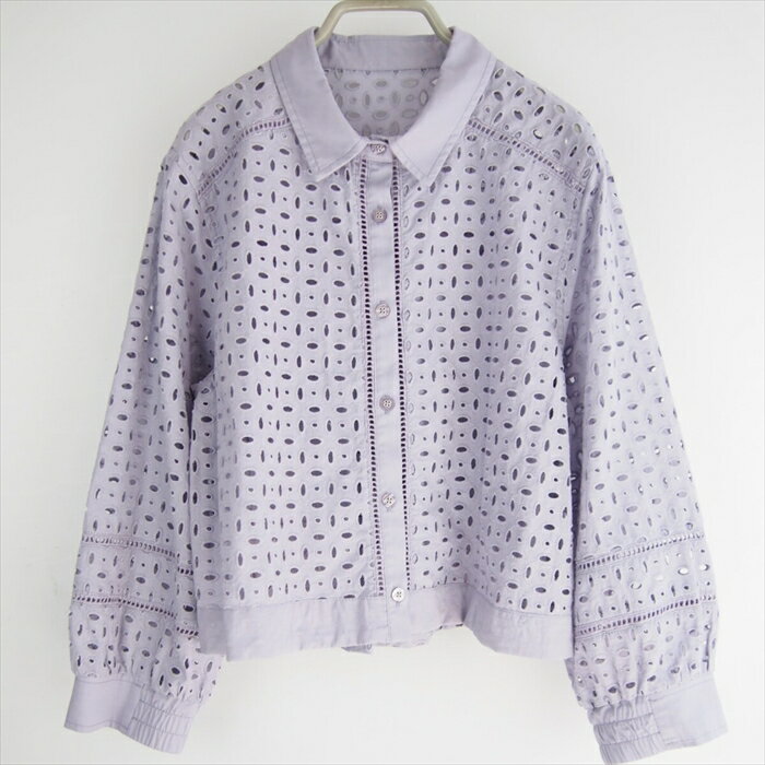 オーバルメッシュ ＋ 梯子レース 襟付ショートブラウス ライトグレー 8分袖 コットン 100％ レース シ..