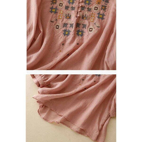 オリエンタル 刺繍 いっぱい コットン Tシャツ トップス （ ピンク ） 七分袖 春 夏 梅雨 肌寒 冷房 冷え くすみカラー 春 梅雨 夏 春夏 SS 対策 コスパ コーデ力 着回し 日常 おしゃれ オシャレ 20代 30代 40代 チロリアン 刺繍 刺しゅう