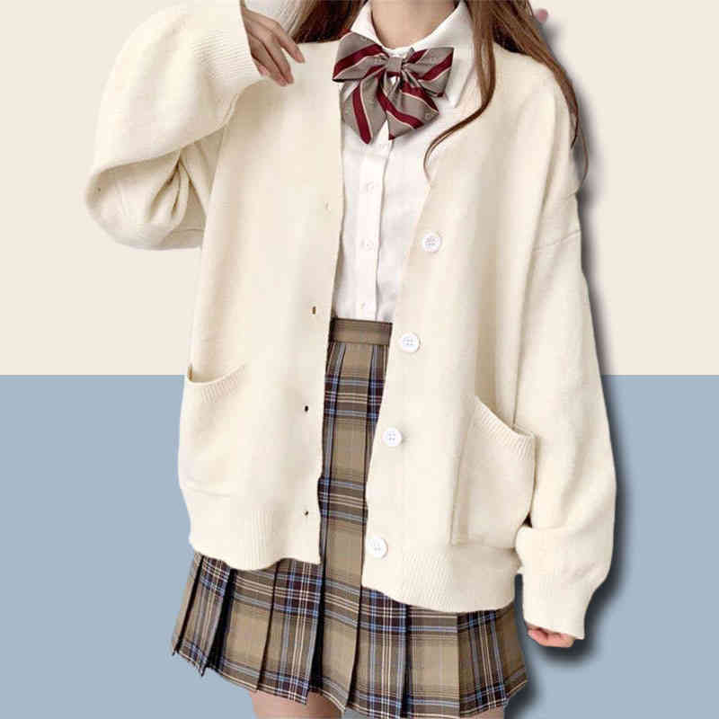 Rakuten - 全5色！スクール風 ニットカーディガン JK制服 ニット カーディガン ニットカーディガン Vネック セーター 長袖 無地 ポケット付き 学生 通学 中学生