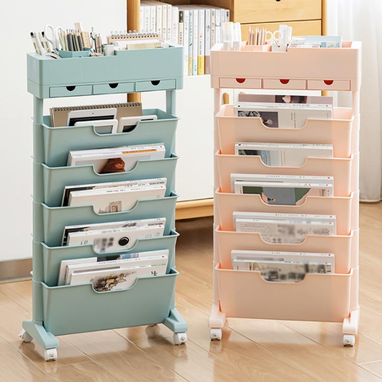 本棚 ブックシェルフ キャスター付き スリム 五段 大容量 引き出し付き 絵本ラック スリム 絵本棚 書類整理 ラック デスクサイド収納 ブックスタンド 漫画 雑誌 文具 水筒 ペットボトルなどが収納 新聞ラック 学校 オフィス 組立簡単 北欧 おしゃれ 省スペース 送料無料