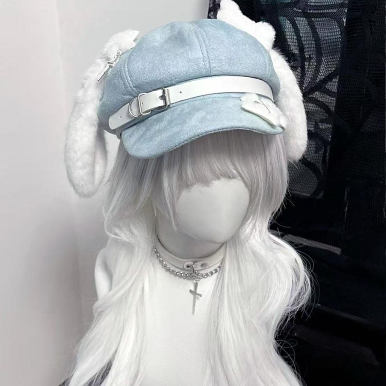 Cocolon 楽天市場店の耳付きキャスケット ふわふわ 耳 キャスケット キャップ 帽子 ベルト ベレー帽 つば付き レディース 大人 かわいい 防寒 ファッション コーデ 調整 サブカル 地雷系 量産型 原宿系 無地 可愛い 紫外線対策 ギフト プレゼント 小顔効果｜アングル2