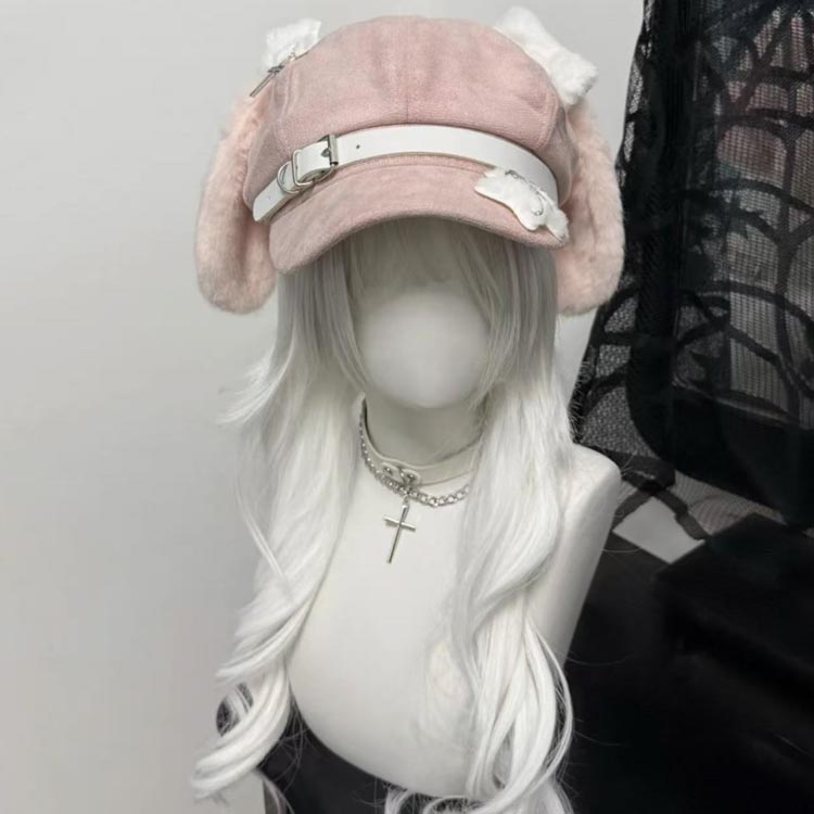 Cocolon 楽天市場店の耳付きキャスケット ふわふわ 耳 キャスケット キャップ 帽子 ベルト ベレー帽 つば付き レディース 大人 かわいい 防寒 ファッション コーデ 調整 サブカル 地雷系 量産型 原宿系 無地 可愛い 紫外線対策 ギフト プレゼント 小顔効果｜アングル3