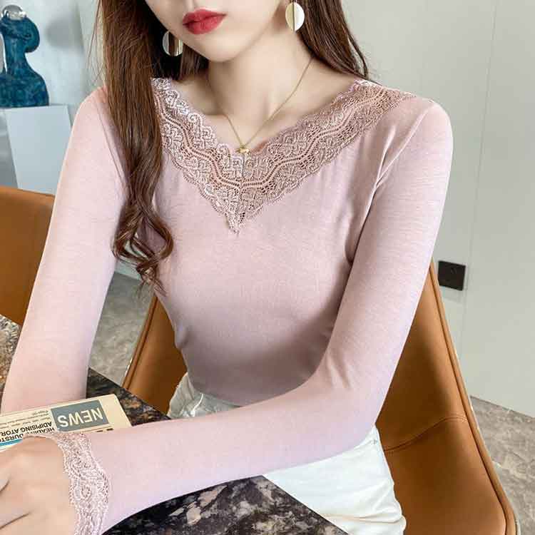 インナーシャツ レース Vネック 肌着 重ね着 レイヤード クルーネック インナー トップス レースインナー かわいい ストレッチ性 長袖 花柄レース スリム 肌隠し 伸縮 カットソー シンプル 無地 上品 着回し きれいめ 下着 着痩せ