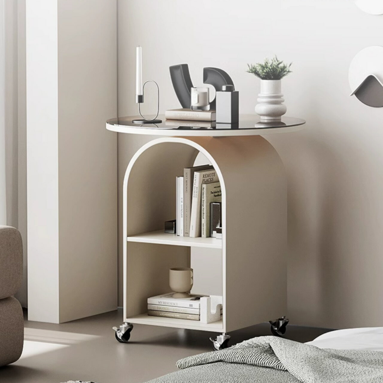 2colors/2size/丸型 サイドテーブル キャスター付き ガラステーブル ベッドサイドテーブル デザインテーブル ミニテーブル 50cm 40cm ブラック ホワイト ブラウンガラス ブラックガラス 北欧インテリア 韓国インテリア 店舗什器 サロン什器 おしゃれインテリア おしゃれ