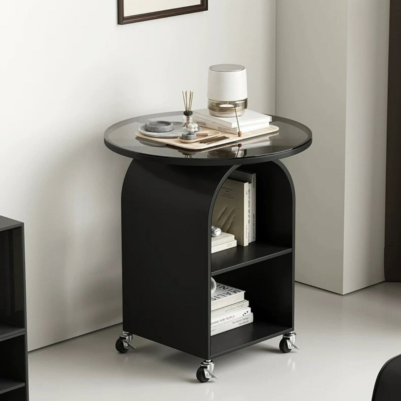 2colors/2size/丸型 サイドテーブル キャスター付き ガラステーブル ベッドサイドテーブル デザインテーブル ミニテーブル 50cm 40cm ブラック ホワイト ブラウンガラス ブラックガラス 北欧インテリア 韓国インテリア 店舗什器 サロン什器 おしゃれインテリア おしゃれ [2]
