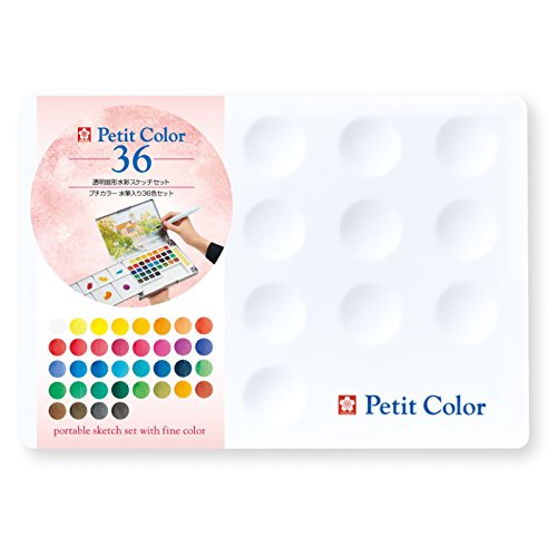 36色セット/1個 (x 1)/NCW-36H・Color:36色セット・パッケージ個数:1・プチカラーセットコンパクトなのに本格派／これ一つで手軽にどこでもスケッチできる・セット内容透明固形水彩絵の具36色・水筆スタンダードサイズ（中）・パレット・スポンジ・説明書・特長1筆洗不要の水筆入り／右、左、手前の3方向にセットできるパレット付き・特長2フタ裏にポストカードなどがセットできるのでイーゼルのように使える・特長3手で持ってスケッチしやすい指かけリング付きプチカラーならどこでも手軽に水彩画が楽しめる。 イーゼル、パレット、水筆などスケッチに必要なものを全て備えたプチカラー。発色に優れた高品質透明固形水彩絵の具セット。 コンパクトなのに本格派。これ一つで手軽にどこでもスケッチできる。旅先でのスケッチに、絵手紙に、大人の塗り絵に。 経済的で発色がきれいな透明水彩絵の具。 筆洗不要の水筆入りで携帯に便利なスケッチセット。 水筆水タンク部分と穂先部分がセパレートになっているので、収納や携帯に便利な水筆。水タンク部分に水を入れ、力を加えて水を押し出す。力の加減で水の量を調整する。毛先を洗う時は、水タンク部分からやや多めに水を押し出しながら紙や布、スポンジなどに毛先をこすりつける。 手で持ってスケッチしやすい指かけリングが底部についているので、屋外で持ちやすくなっている。 固形ですが、水溶けが良く、色による差が少ない。 中仕切りの色番号と配色に対応した色見本により、色がわかりやすくなっている。 フタ裏にポストカードなどがセットできるので、イーゼルのように使える。 パレットは取り外しができ、右、左、手前の3方向にセットできる。 36色 チャイニーズホワイト/レモンイエロー/オーレオリンヒュー/パーマネントイエロー/パーマネントイエローディープ/パーマネントオレンジ/ジョンブリアン/バーミリオンヒュー/カドミウムレッドヒュー/パーマネントレッドディープ/クリムソンレーキ/カーマイン/キナクリドンローズ/ピンクマダー/パープル/ウルトラマリンディープ/ウルトラマリンライト/コバルトブルーヒュー/パーマネントブルーライト/セルリアンブルーヒュー/ターコイズブルー/プルシャンブルー/インディゴ/パーマネントグリーンペール/パーマネントグリーン/エメラルドグリーン/ビリジャンヒュー/パーマネントグリーンディープ/サップグリーン/オリーブグリーン/イエローオーカー/ライトレッド/バーントアンバー/セピア/ペイニーズグレー/アイボリーブラック