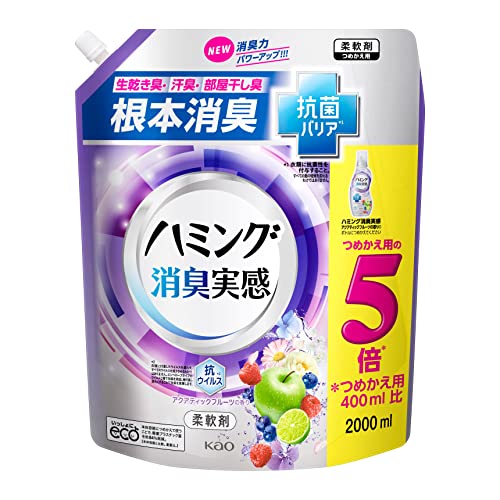 ・ 2000ミリリットル (x 1) ・商品サイズ (幅×奥行×高さ) :255×139×315 (mm)・内容量:2000ml・成分:界面活性剤(エステル型ジアルキルアンモニウム塩、ポリオキシエチレンアルキルエーテル)、風合い向上剤、安定化剤、繊維潤滑剤・パッケージ重量: 2.05 kg商品紹介 商品紹介 生乾き臭・汗臭・部屋干し臭を根本消臭/抗菌バリア*1/着用中の消臭はもちろん、洗えば洗うほど生乾き臭に強い衣類へ 抗ウイルス*2/やさしいリラックスソープの香り *1衣類に抗菌性を付与すること。すべての菌の増殖を抑えるわけではありません *2衣類に付着したウイルスを減らす。すべてのウイルスを減少させるわけではありません エンベロープタイプのウイルス1種で効果を検証。繰り返し洗たくすることで効果を発揮 原材料・成分 成分:界面活性剤(エステル型ジアルキルアンモニウム塩、ポリオキシエチレンアルキルエーテル)、風合い向上剤、安定化剤、繊維潤滑剤 原材料・成分 成分：界面活性剤（エステル型ジアルキルアンモニウム塩、ポリオキシエチレンアルキルエーテル）、風合い向上剤、安定化剤、繊維潤滑剤