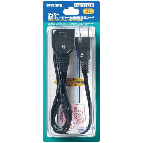 ブラック/-/PKD-B012K・パッケージ個数:1・適用対象：器具用プラグに12A表示、および端子穴の中心から中心まで約22幅・交流100V-12A-1200W以下のタイガー電気ポット、またはジャー炊飯器のみにご使用くださいジャー炊飯器 電気ポット 電源コード