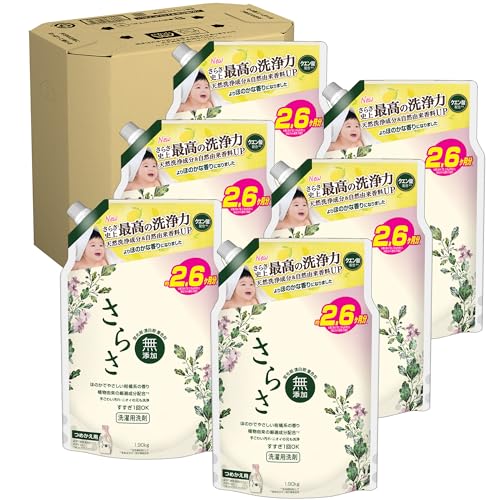 -/詰替 1900g×6袋/-・PatternName:洗濯洗剤Size:詰替 1900g×6袋・パッケージ個数:1・さらさ洗濯洗剤史上最高の洗浄力、天然洗浄成分UP・赤ちゃんの肌にも安心・植物由来の厳選成分配合・手ごわい汚れ・ニオイの元も洗浄・すすぎ1回OK商品紹介 New さらさ史上最高の洗浄力　天然洗浄成分UP クエン酸配合*1 蛍光剤・漂白剤・着色料　無添加 植物由来の厳選成分配合*2 手ごわい汚れ・ニオイの元も洗浄 天然酵素を配合した処方 家族みんなの衣類もOK 肌を優しく包み込む *1 洗浄補助剤として　*2 柔軟成分の一部が植物由来 さらさ 洗濯洗剤 液体 ほのかでやさしい柑橘系の香り 原材料・成分 界面活性剤(27%：ポリオキシエチレンアルキルエーテル、直鎖アルキルベンゼンスルホン酸塩、アルキルエーテル硫酸エステル塩、純せっけん分(脂肪酸塩))、安定化剤、pH調整剤、水軟化剤(クエン酸)、ケア成分(コットンミルク) ＊ 、酵素＊ コットンミルク：コットンにも含まれる植物由来のケア成分のこと。（蛍光剤を配合していませんが、生産設備が蛍光剤配合の洗剤と共用のため、微量に検出されることがあります）